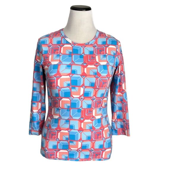 J.McLaughlin Catalina Cloth 3/4 Sleeve Geometric Print Coral Blue Top Size M - Picture 1 of 11